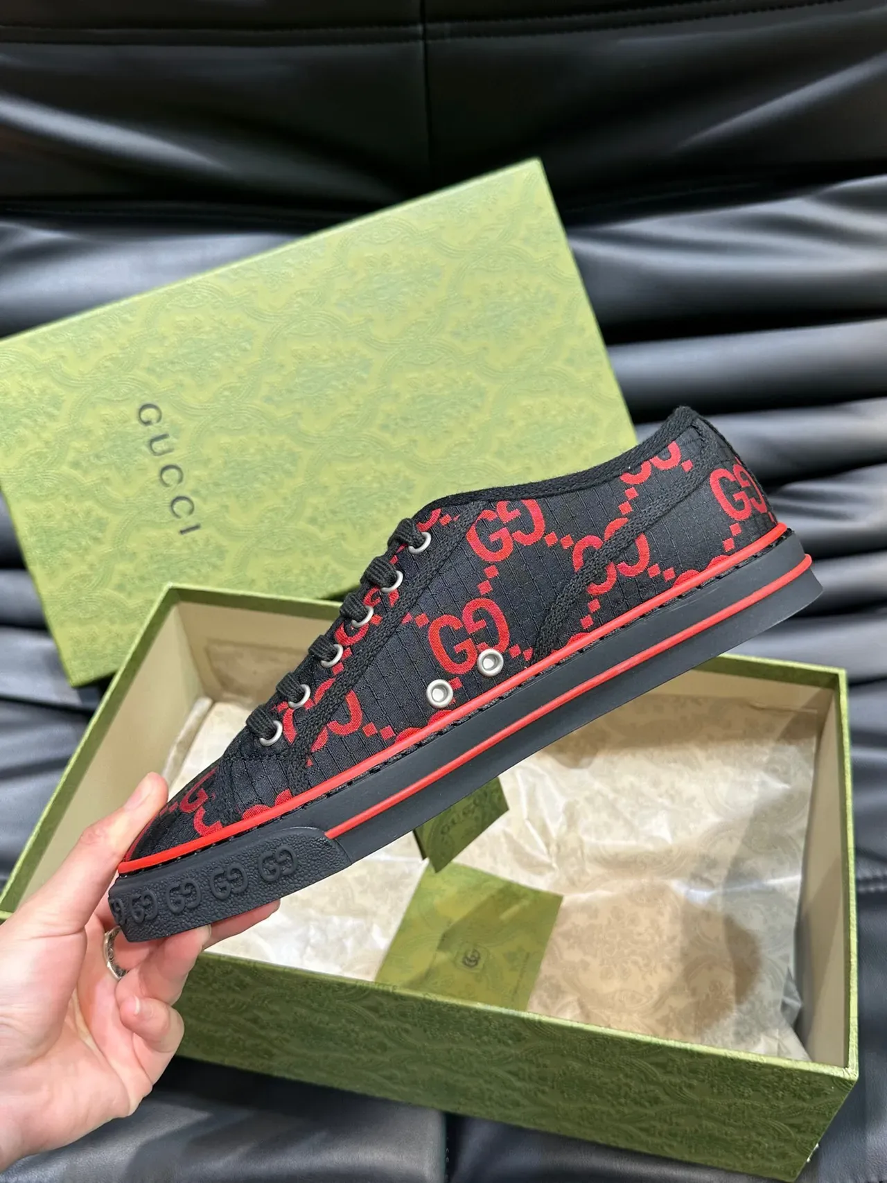 Gucci Black Red GG Monogram Print Flat Rubber Sole Lifestyle Sneakers 5