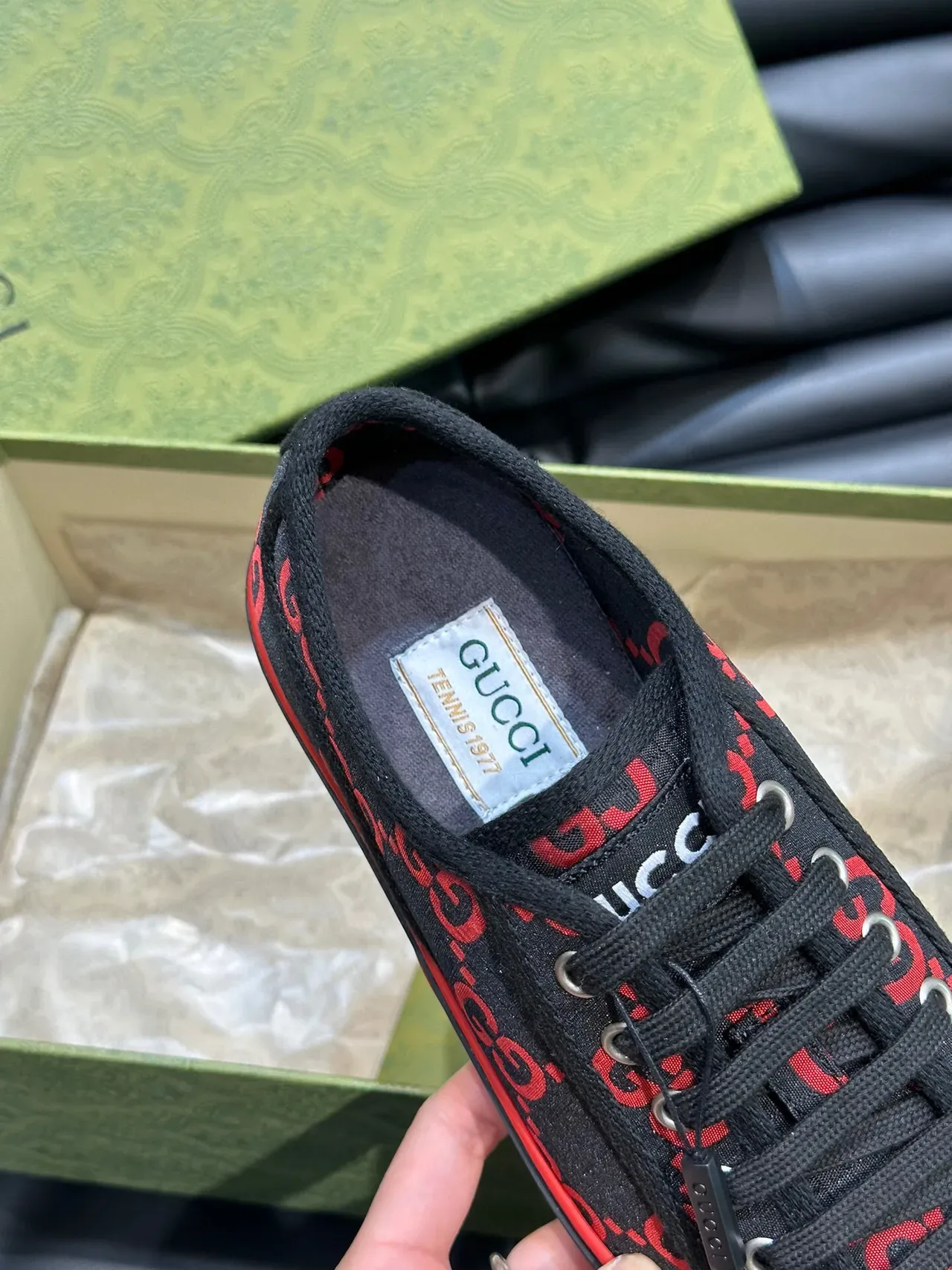 Gucci Black Red GG Monogram Print Flat Rubber Sole Lifestyle Sneakers 6