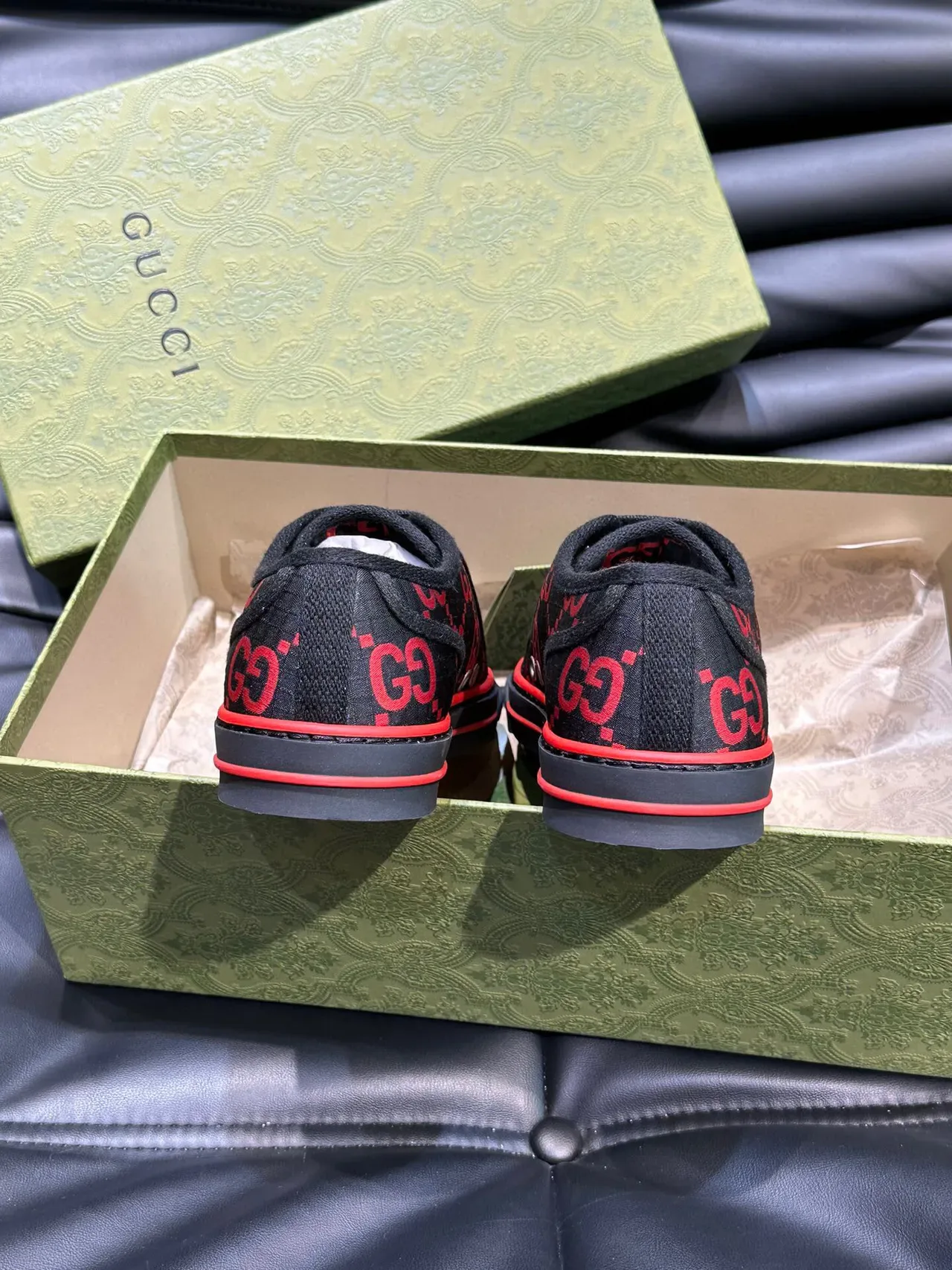 Gucci Black Red GG Monogram Print Flat Rubber Sole Lifestyle Sneakers 8