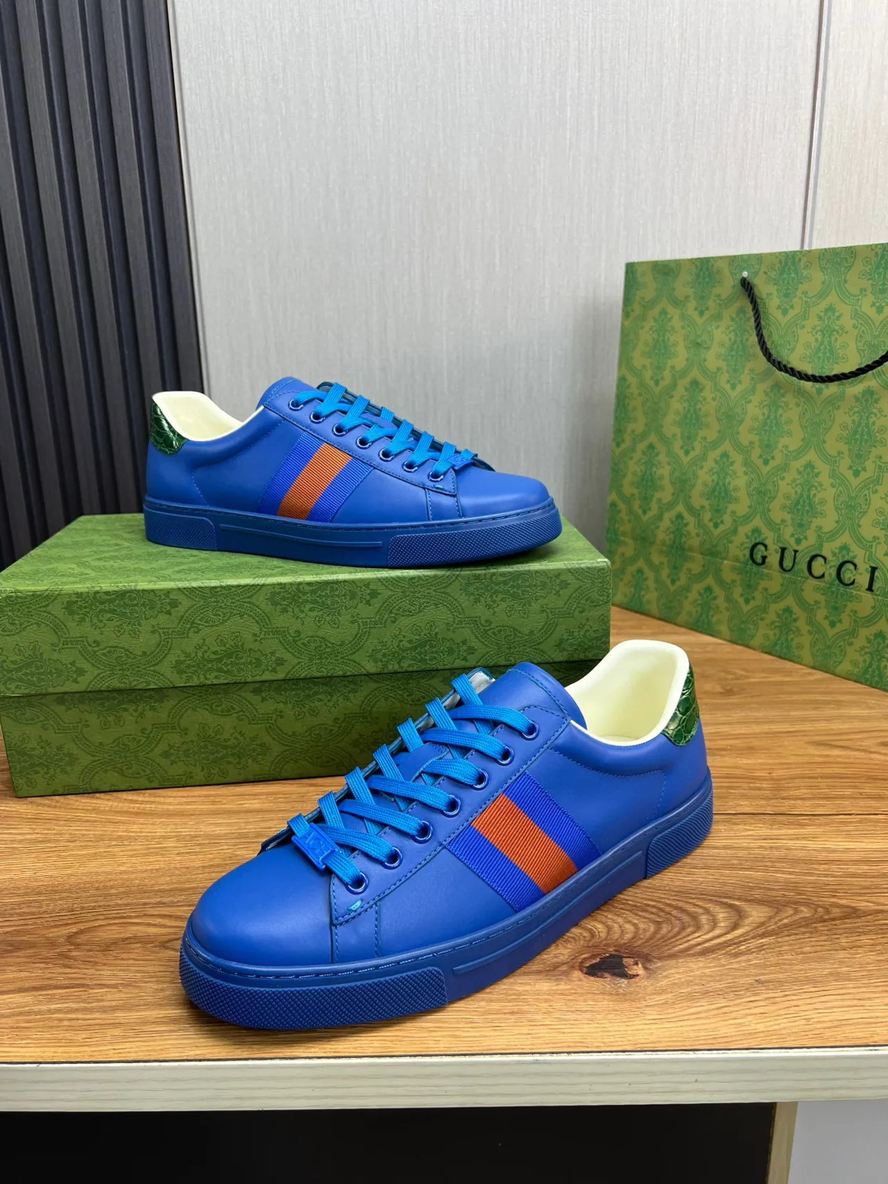 Gucci Blue Orange Vibrant Leather Upper Web Stripe Detail Lifestyle Sneakers 3