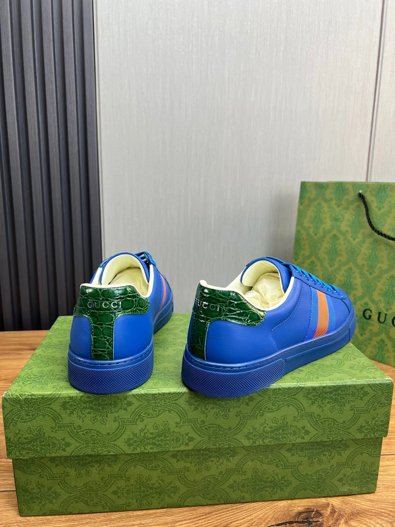 Gucci Blue Orange Vibrant Leather Upper Web Stripe Detail Lifestyle Sneakers 4