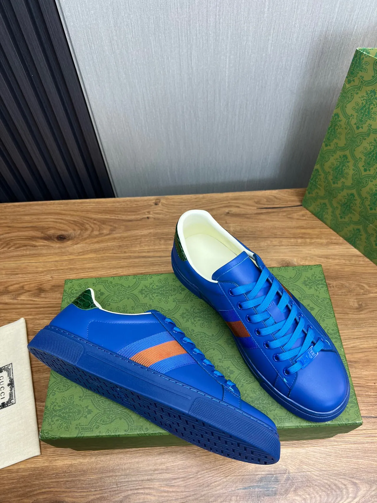 Gucci Blue Orange Vibrant Leather Upper Web Stripe Detail Lifestyle Sneakers 5
