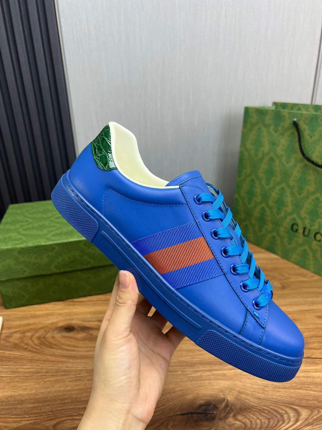 Gucci Blue Orange Vibrant Leather Upper Web Stripe Detail Lifestyle Sneakers 6
