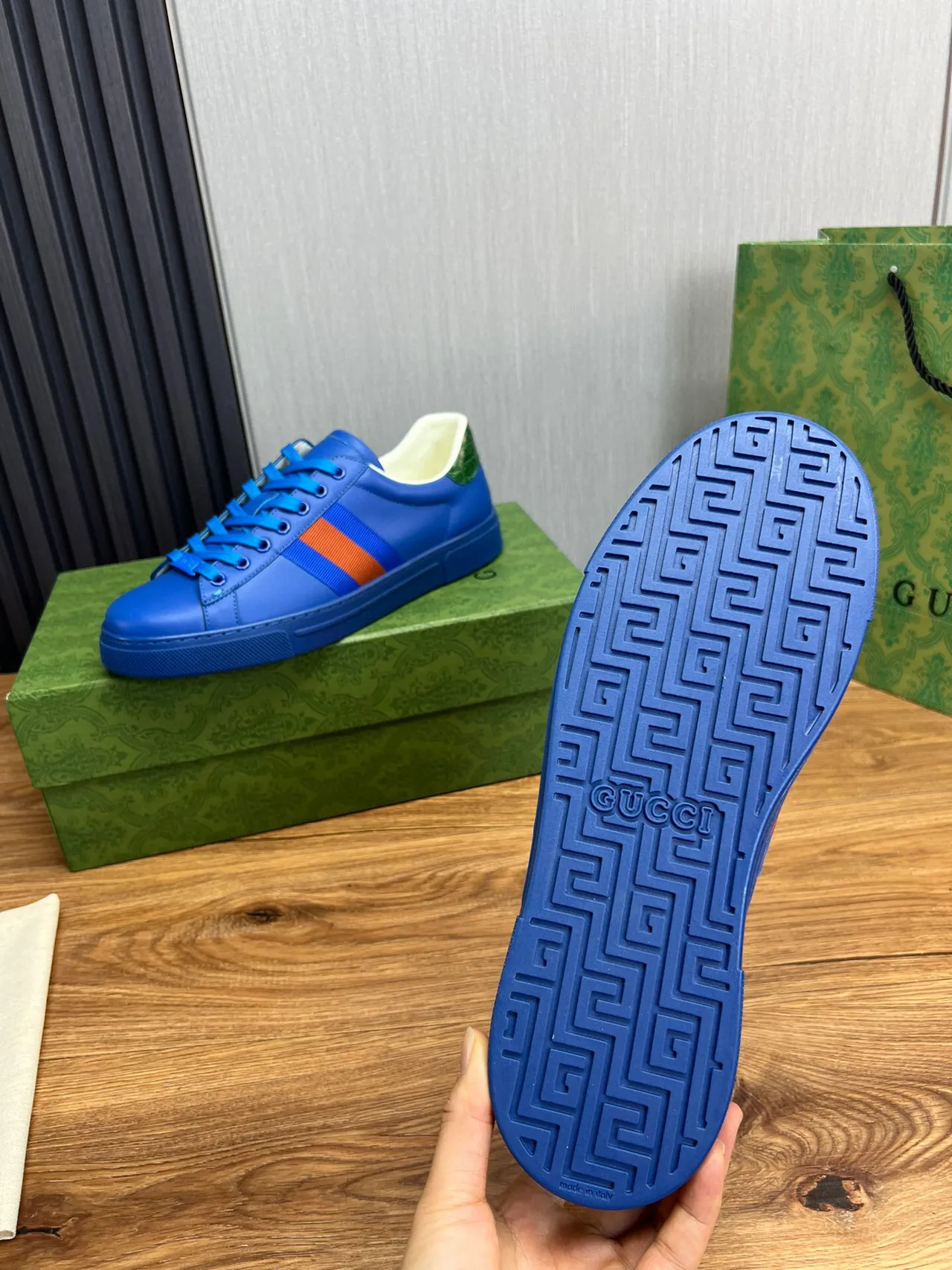 Gucci Blue Orange Vibrant Leather Upper Web Stripe Detail Lifestyle Sneakers 8