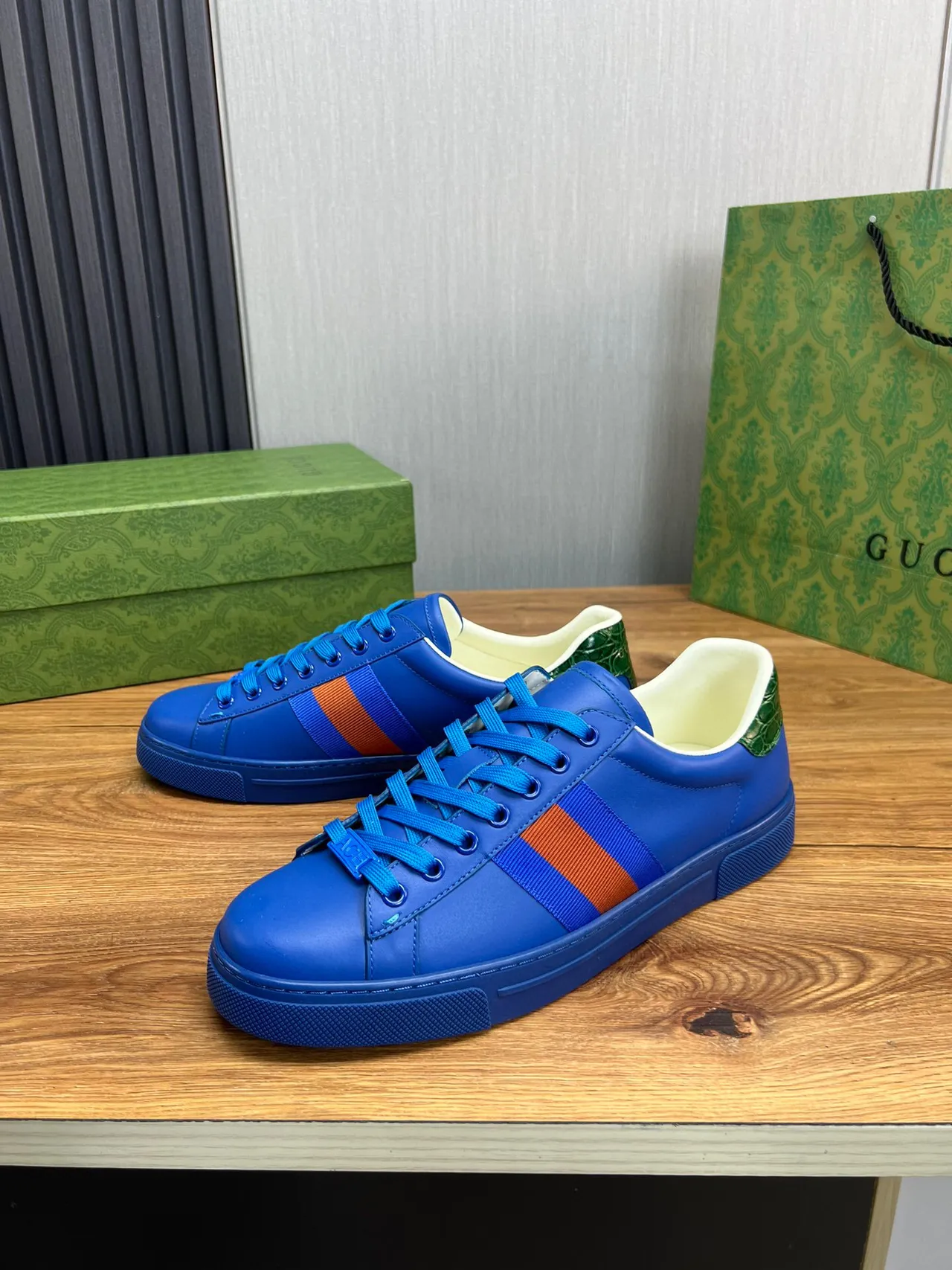Gucci Blue Orange Vibrant Leather Upper Web Stripe Detail Lifestyle Sneakers 9