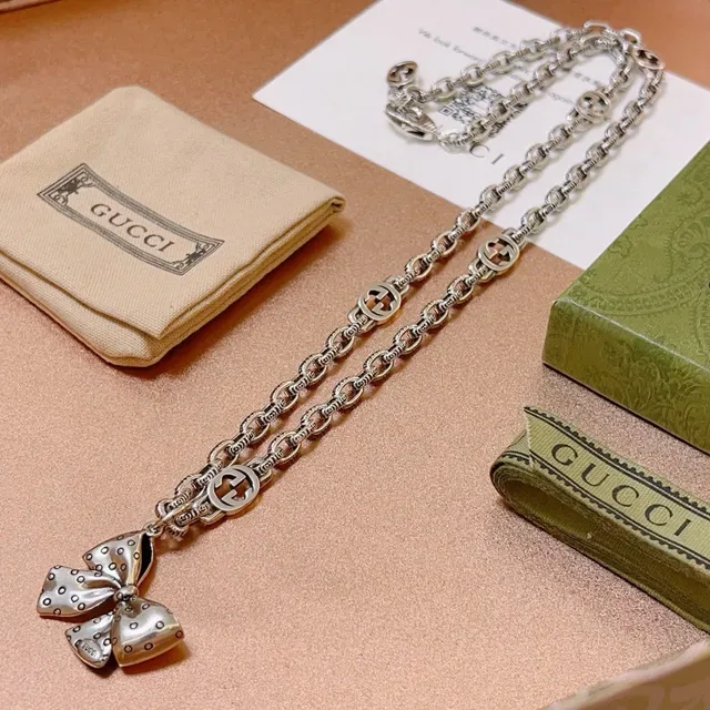 Gucci Bow Polka-Dot Pendant Silver Chain Necklace 3