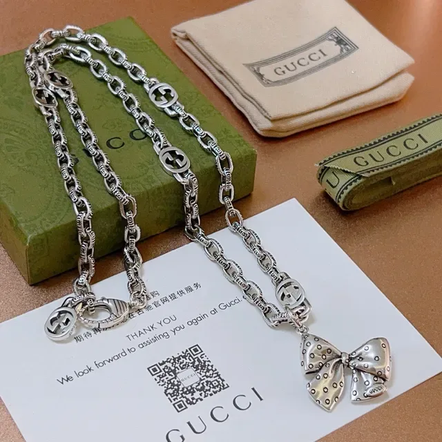 Gucci Bow Polka-Dot Pendant Silver Chain Necklace 4