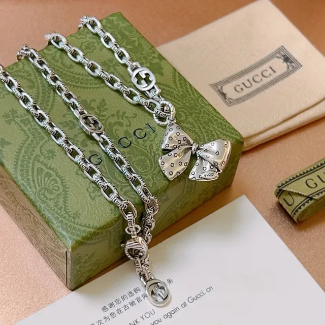 Gucci Bow Polka-Dot Pendant Silver Chain Necklace 6