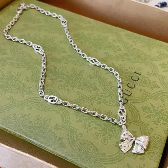 Gucci Bow Polka-Dot Pendant Silver Chain Necklace 7
