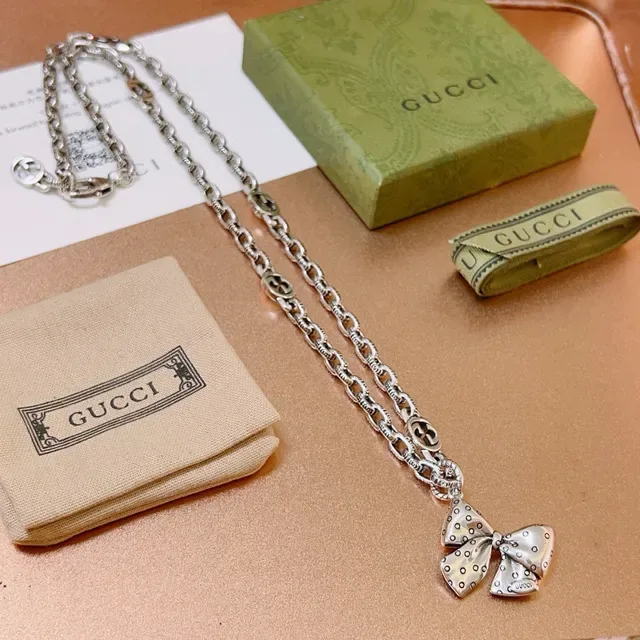 Gucci Bow Polka-Dot Pendant Silver Chain Necklace 9