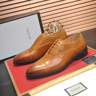 Gucci Brown Black Cap-Toe Polished Tan Leather Oxford Shoes