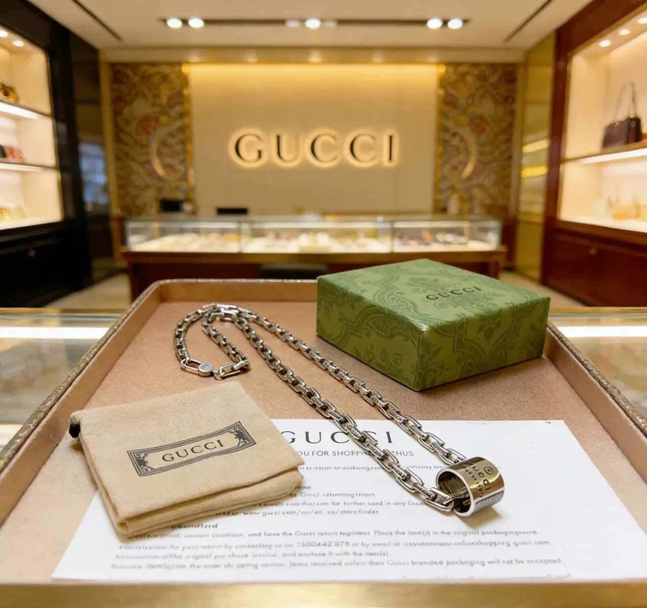 Gucci سلسلة فضية ثقيلة الارتباط أسطوانية دوارة قلادة 2