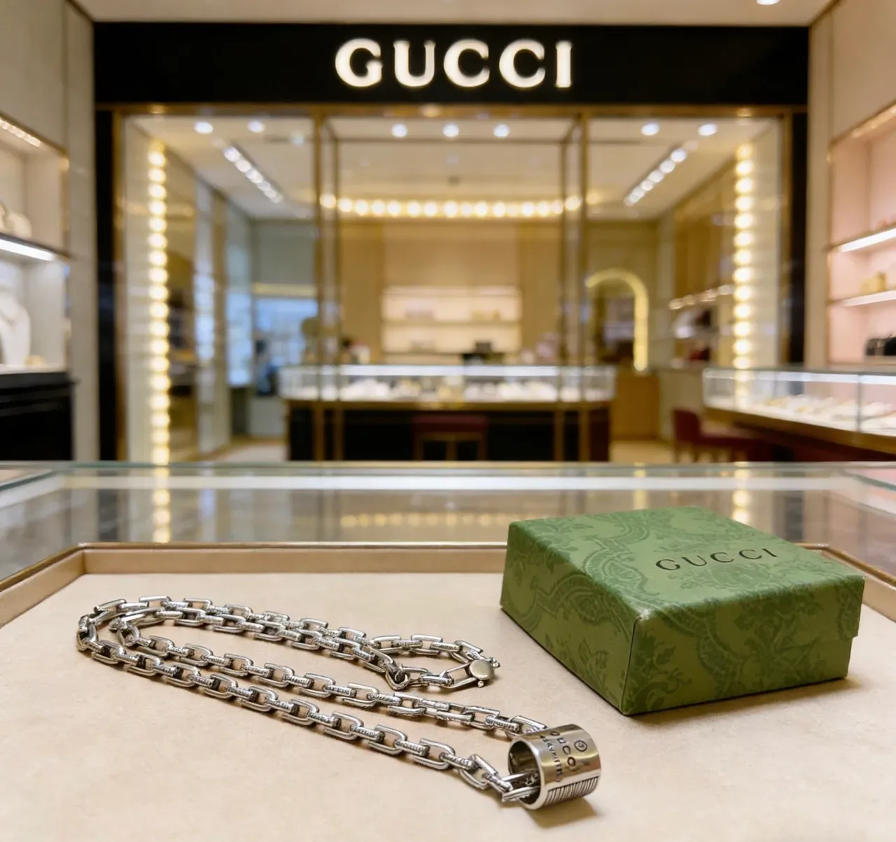 Gucci سلسلة فضية ثقيلة الارتباط أسطوانية دوارة قلادة 4