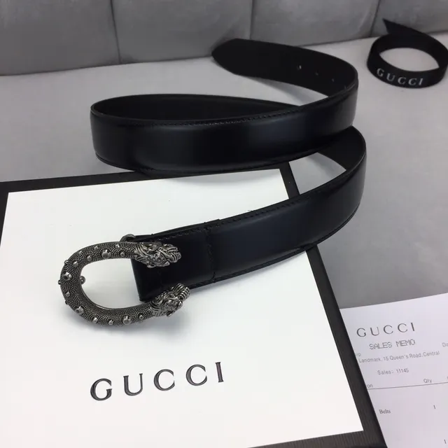 Gucci Dionysus Black Silver Smooth Strap Ornate Lion-Head Buckle Leather Belt 2