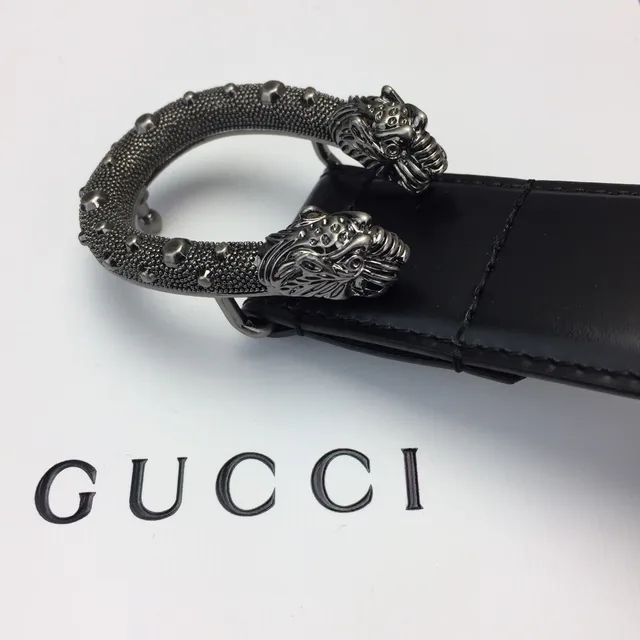 Gucci Dionysus Black Silver Smooth Strap Ornate Lion-Head Buckle Leather Belt 3
