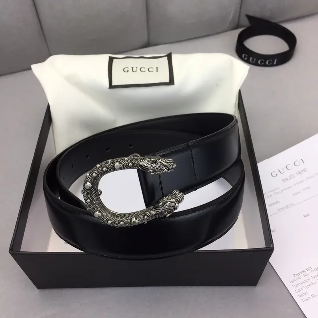 Gucci Dionysus Black Silver Smooth Strap Ornate Lion-Head Buckle Leather Belt 5