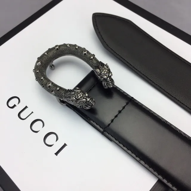 Gucci Dionysus Black Silver Smooth Strap Ornate Lion-Head Buckle Leather Belt 8