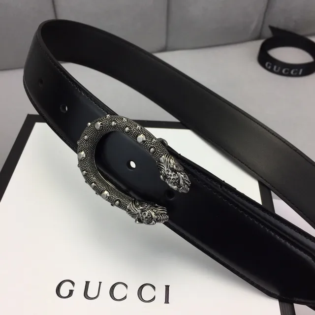 Gucci Dionysus Black Silver Smooth Strap Ornate Lion-Head Buckle Leather Belt 9