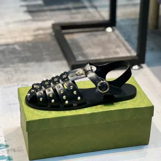 Gucci Dionysus Gladiator Black Gold Multi-Strap Studded Gladiator Sandals