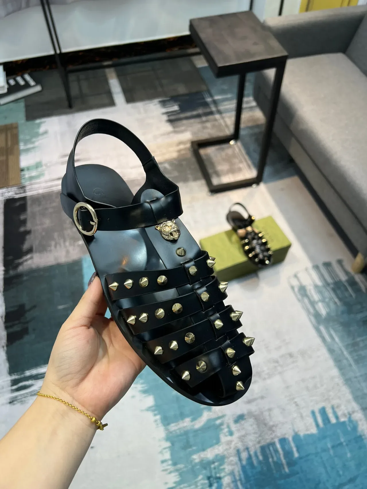 Gucci Dionysus Gladiator Black Gold Multi-Strap Studded Gladiator Sandals 2