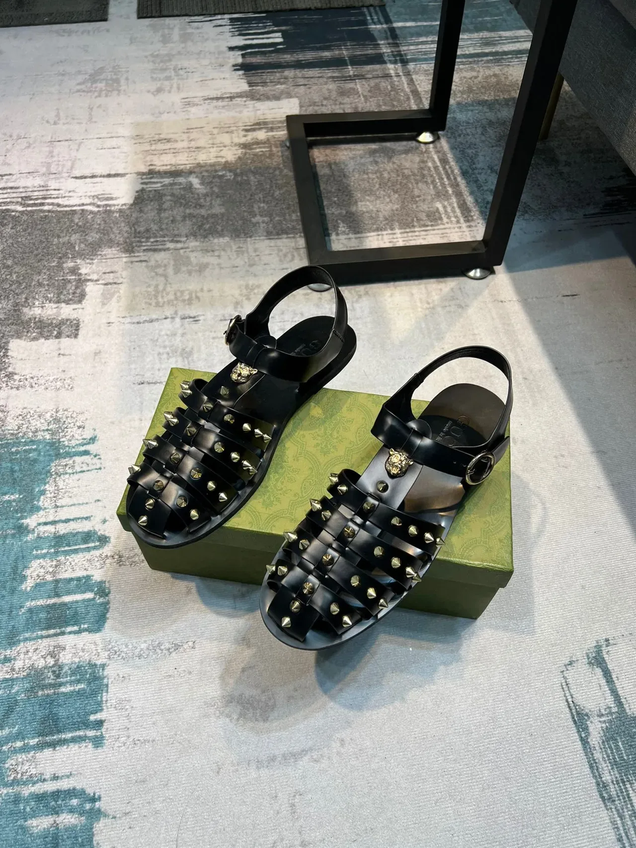 Gucci Dionysus Gladiator Black Gold Multi-Strap Studded Gladiator Sandals 6