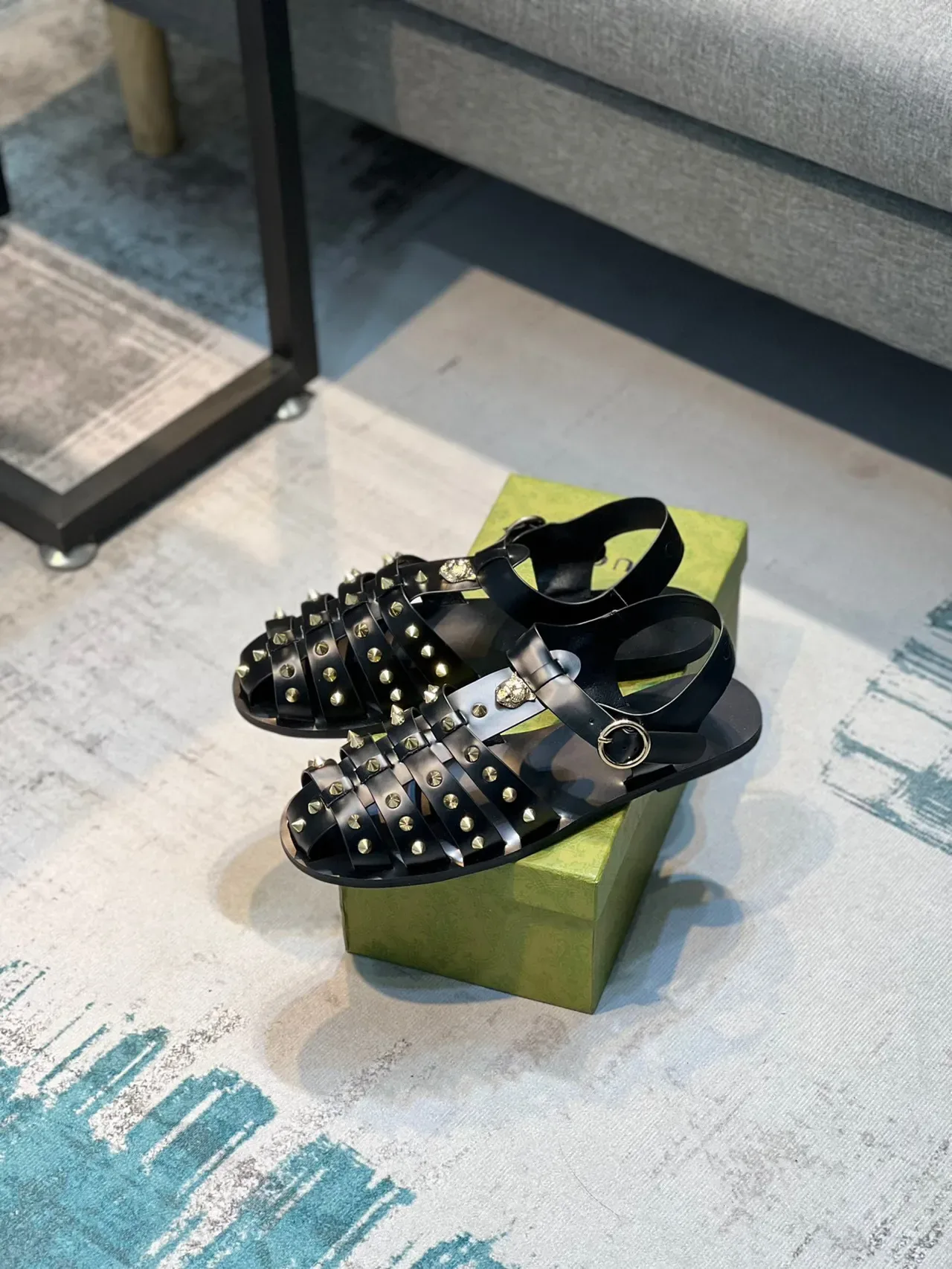 Gucci Dionysus Gladiator Black Gold Multi-Strap Studded Gladiator Sandals 7