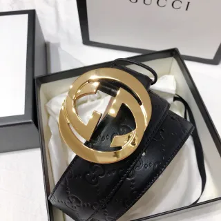 Gucci Double G Belt Black Gold Interlocking Buckle GG-Embossed Leather Belt