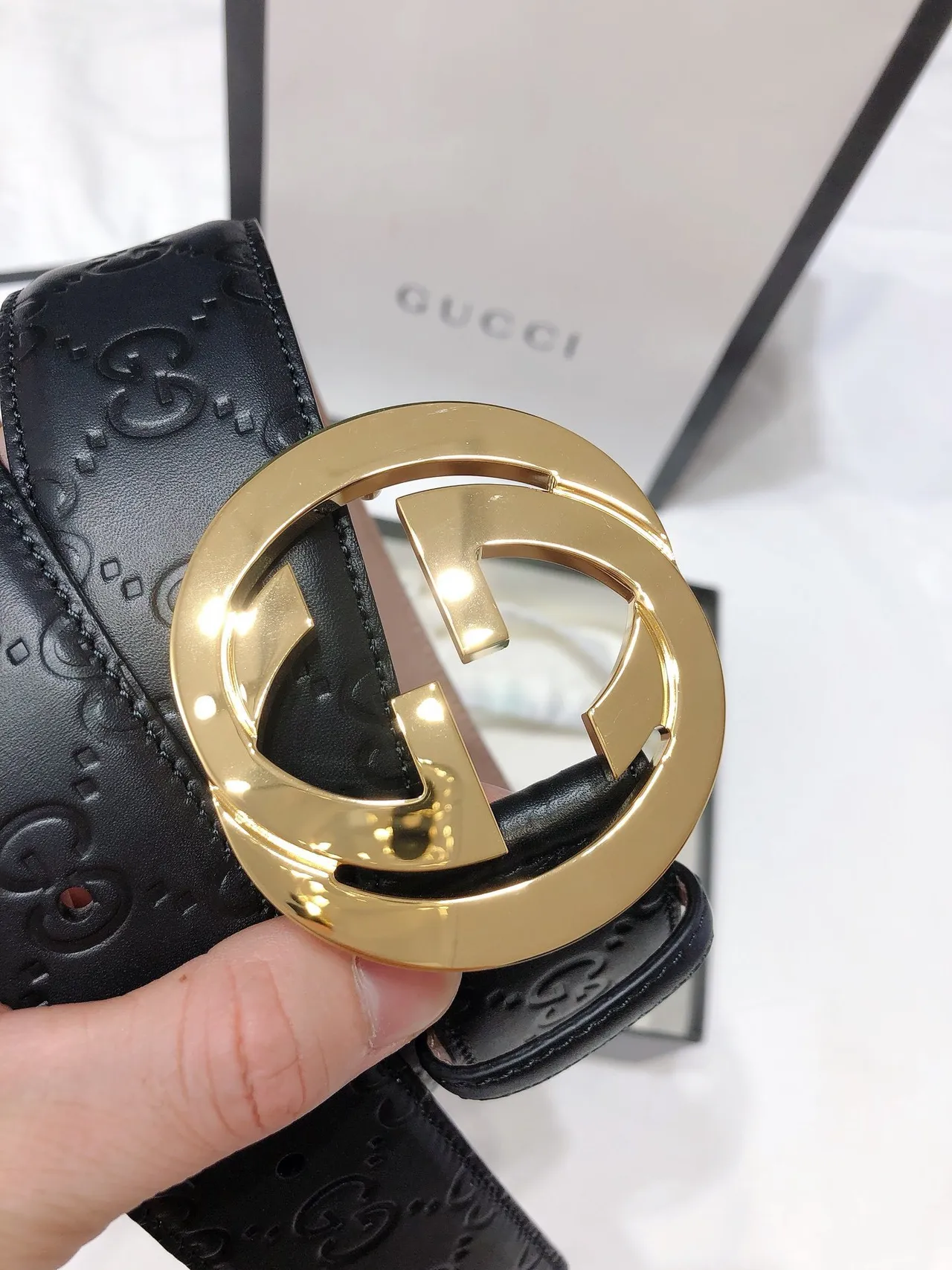 Gucci Double G Belt Black Gold Interlocking Buckle GG-Embossed Leather Belt 3
