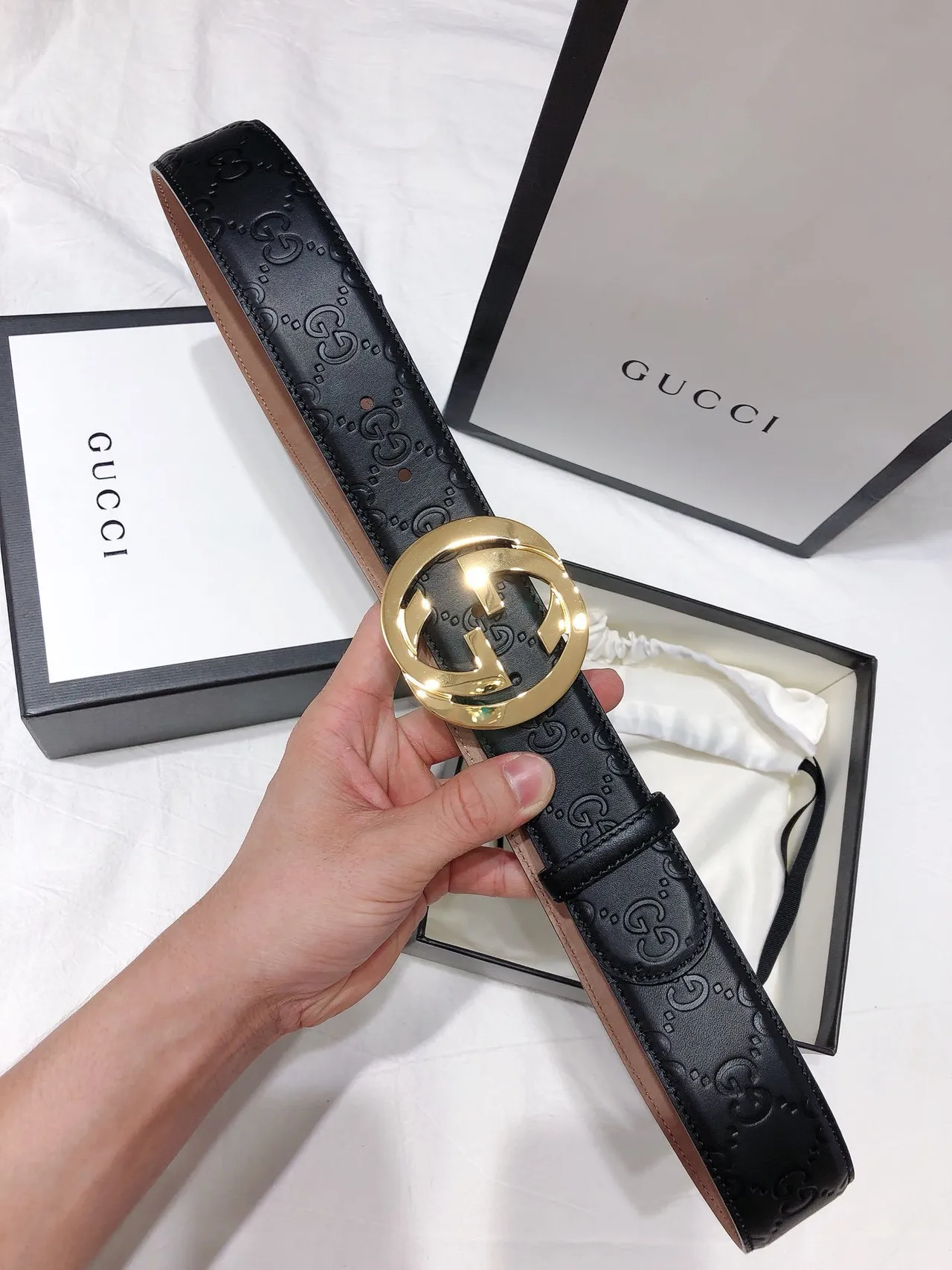 Gucci Double G Belt Black Gold Interlocking Buckle GG-Embossed Leather Belt 5