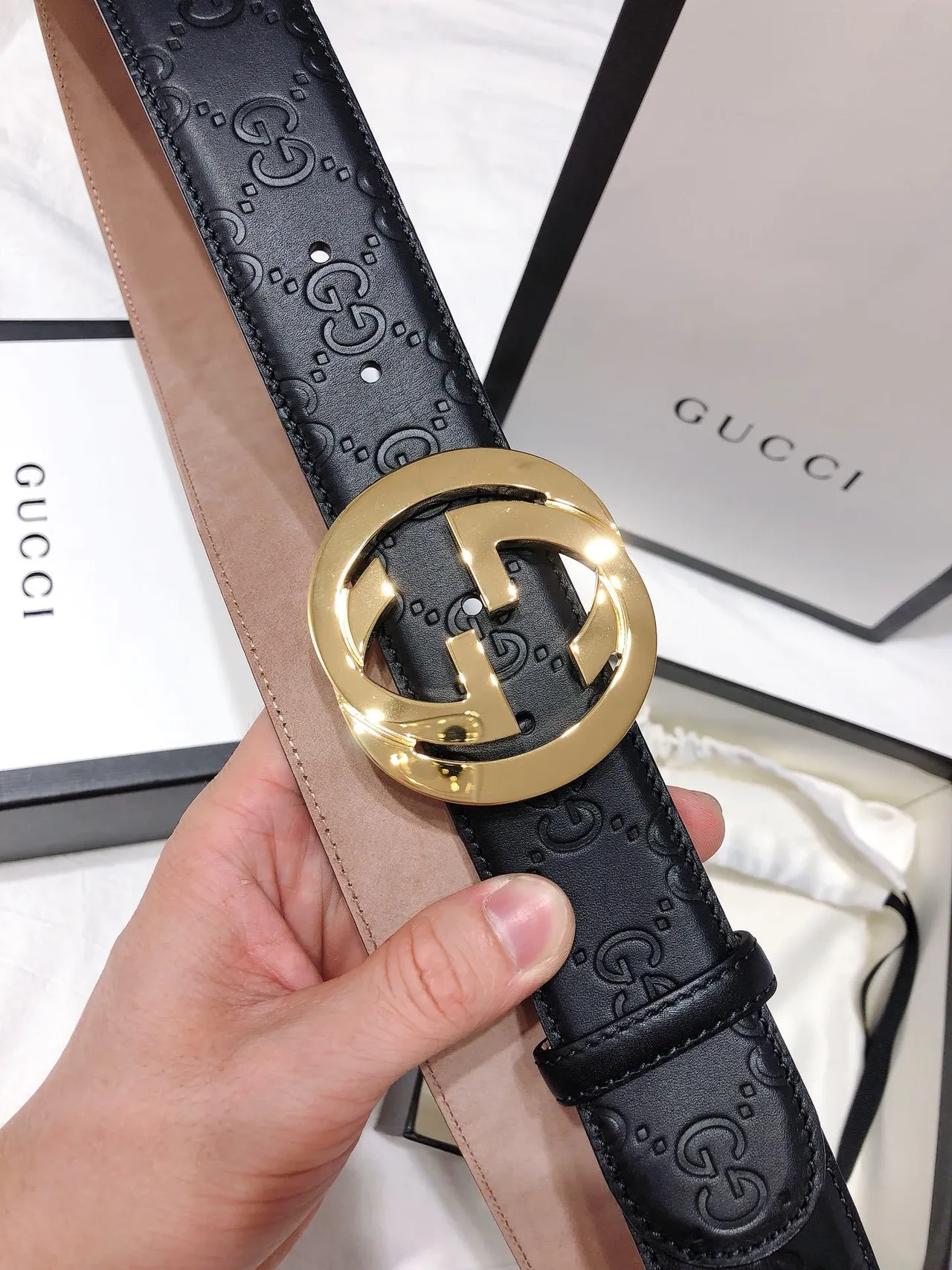 Gucci Double G Belt Black Gold Interlocking Buckle GG-Embossed Leather Belt 6
