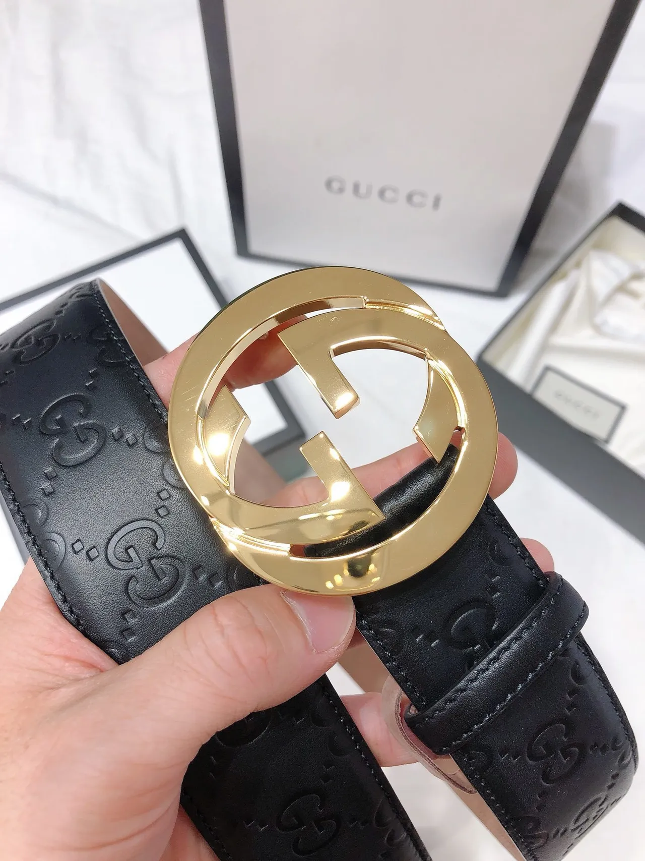 Gucci Double G Belt Black Gold Interlocking Buckle GG-Embossed Leather Belt 7