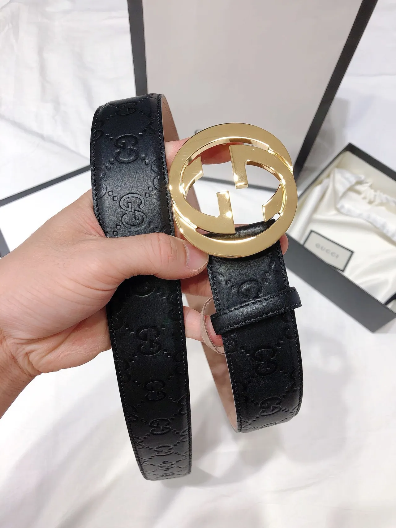Gucci Double G Belt Black Gold Interlocking Buckle GG-Embossed Leather Belt 8
