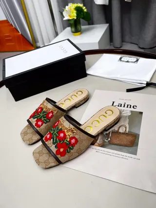 Gucci Flora Pantoufle Brodée Beige Rouge GG Monogramme Toile Tigre Et Fleurs Pantoufles 6