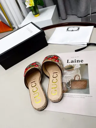 Gucci Flora Pantoufle Brodée Beige Rouge GG Monogramme Toile Tigre Et Fleurs Pantoufles 7