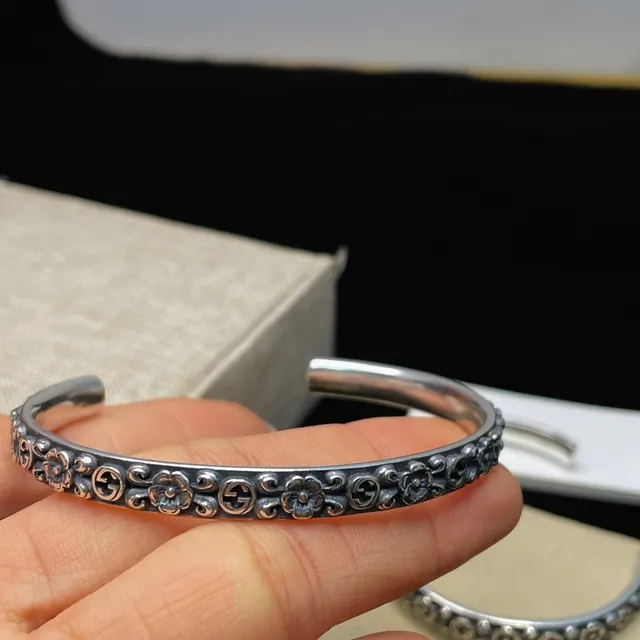 Gucci Floral and Interlocking G Motif Oxidized Silver Open Cuff Bracelets 2