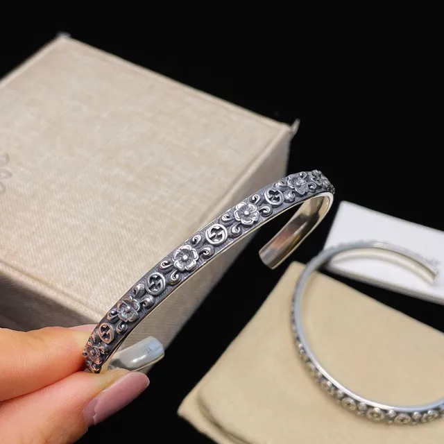 Gucci Floral and Interlocking G Motif Oxidized Silver Open Cuff Bracelets 3