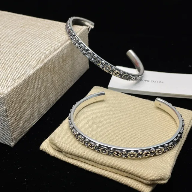 Gucci Floral and Interlocking G Motif Oxidized Silver Open Cuff Bracelets 4