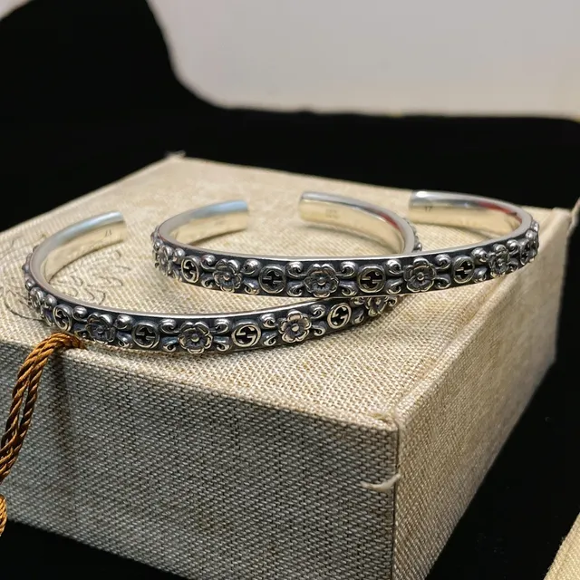 Gucci Floral and Interlocking G Motif Oxidized Silver Open Cuff Bracelets 5