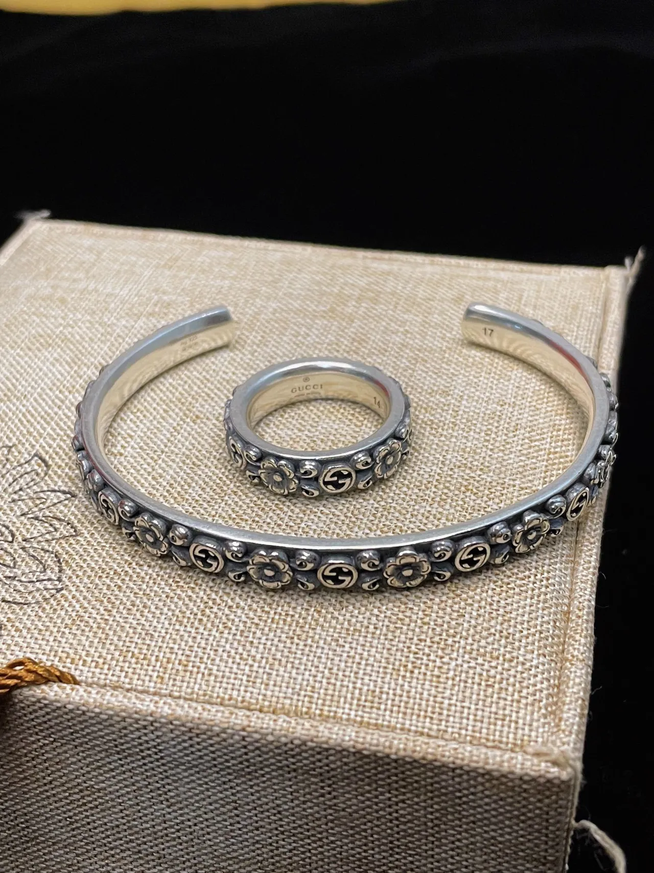 Gucci Floral and Interlocking G Motif Oxidized Silver Open Cuff Bracelets 7