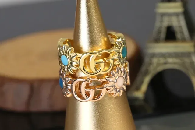 Gucci Floral Turquoise Two-Tone Interlocking G Rings 5
