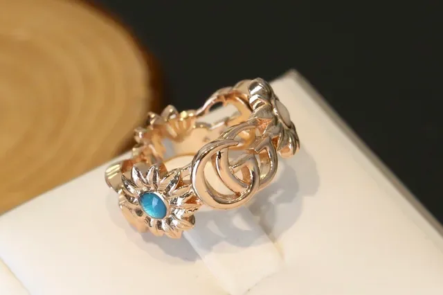 Gucci Floral Turquoise Two-Tone Interlocking G Rings 6