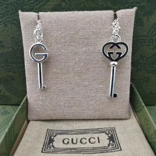 Gucci GG Key Double G Motif Silver-Tone and Black Enamel Earrings