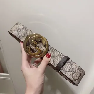 Gucci GG Marmont बेज और भूरा मोनोग्राम चमड़े की बेल्ट