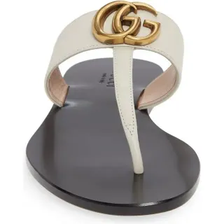 Gucci GG Marmont Beige Black Interlocking G Buckle Off-White Leather Casual Sandals