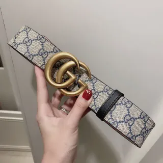Gucci GG Marmont Beige Navy Supreme Canvas Double G Gold-Tone Buckle Leather Belt