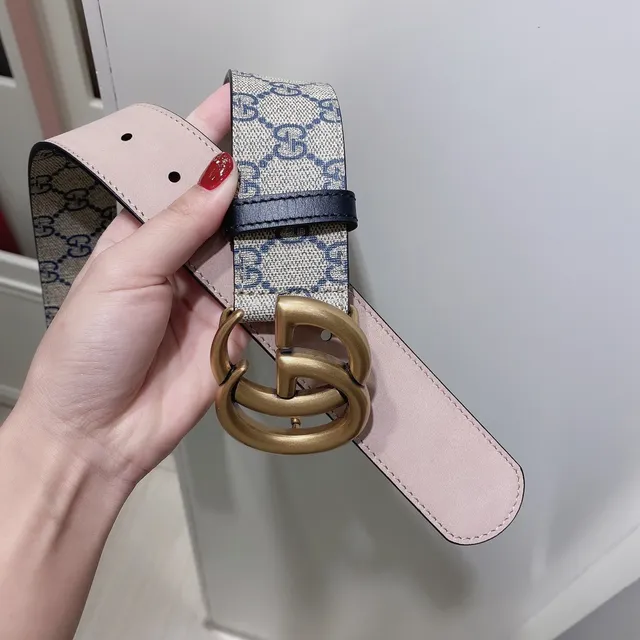 Gucci GG Marmont Beige Navy Supreme Canvas Double G Gold-Tone Buckle Leather Belt 4