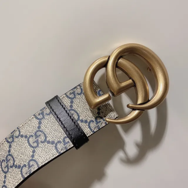 Gucci GG Marmont Beige Navy Supreme Canvas Double G Gold-Tone Buckle Leather Belt 5