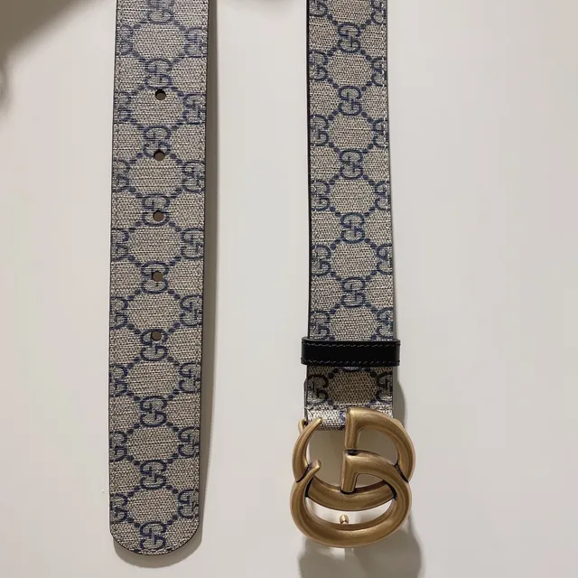 Gucci GG Marmont Beige Navy Supreme Canvas Double G Gold-Tone Buckle Leather Belt 6