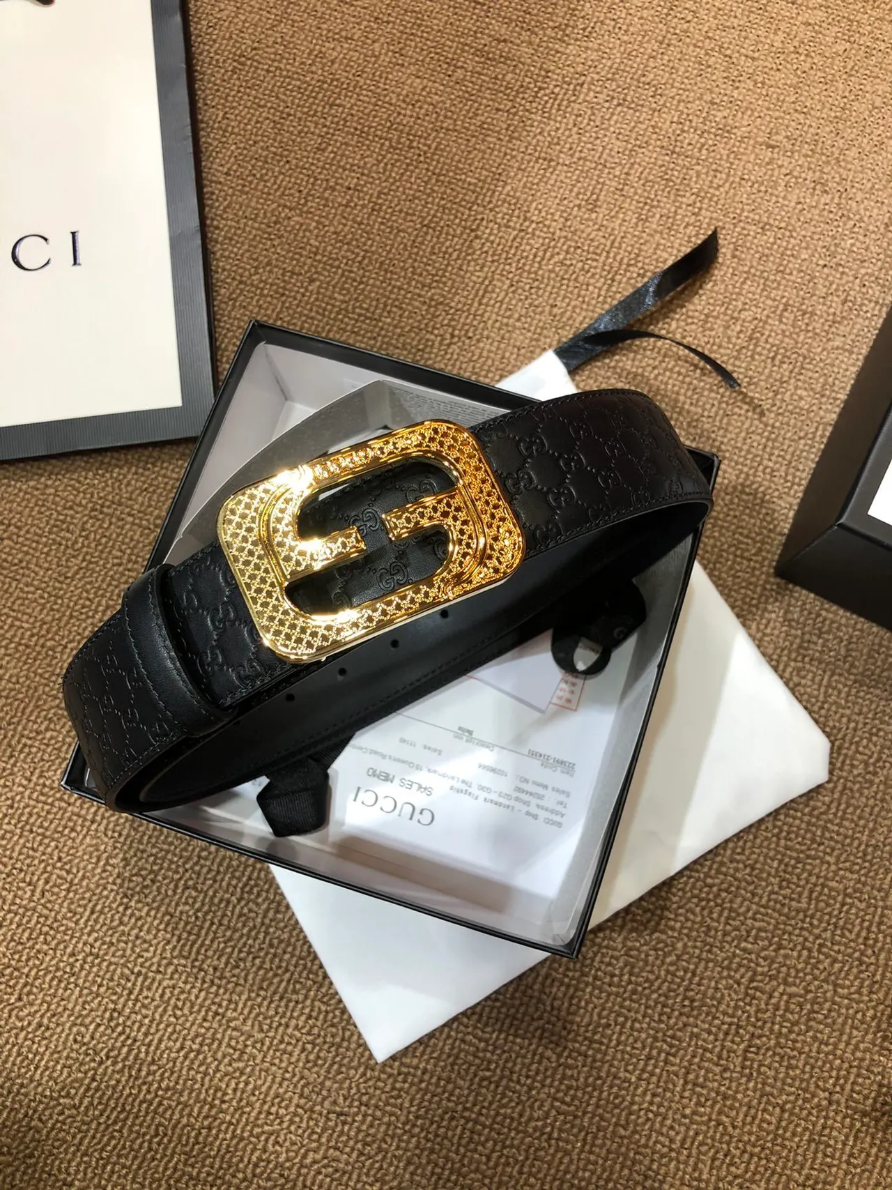 Gucci GG Marmont حزام جلدي أسود ذهبي مطبوع بمونوغرافي مع وترة مزدوجة G 5