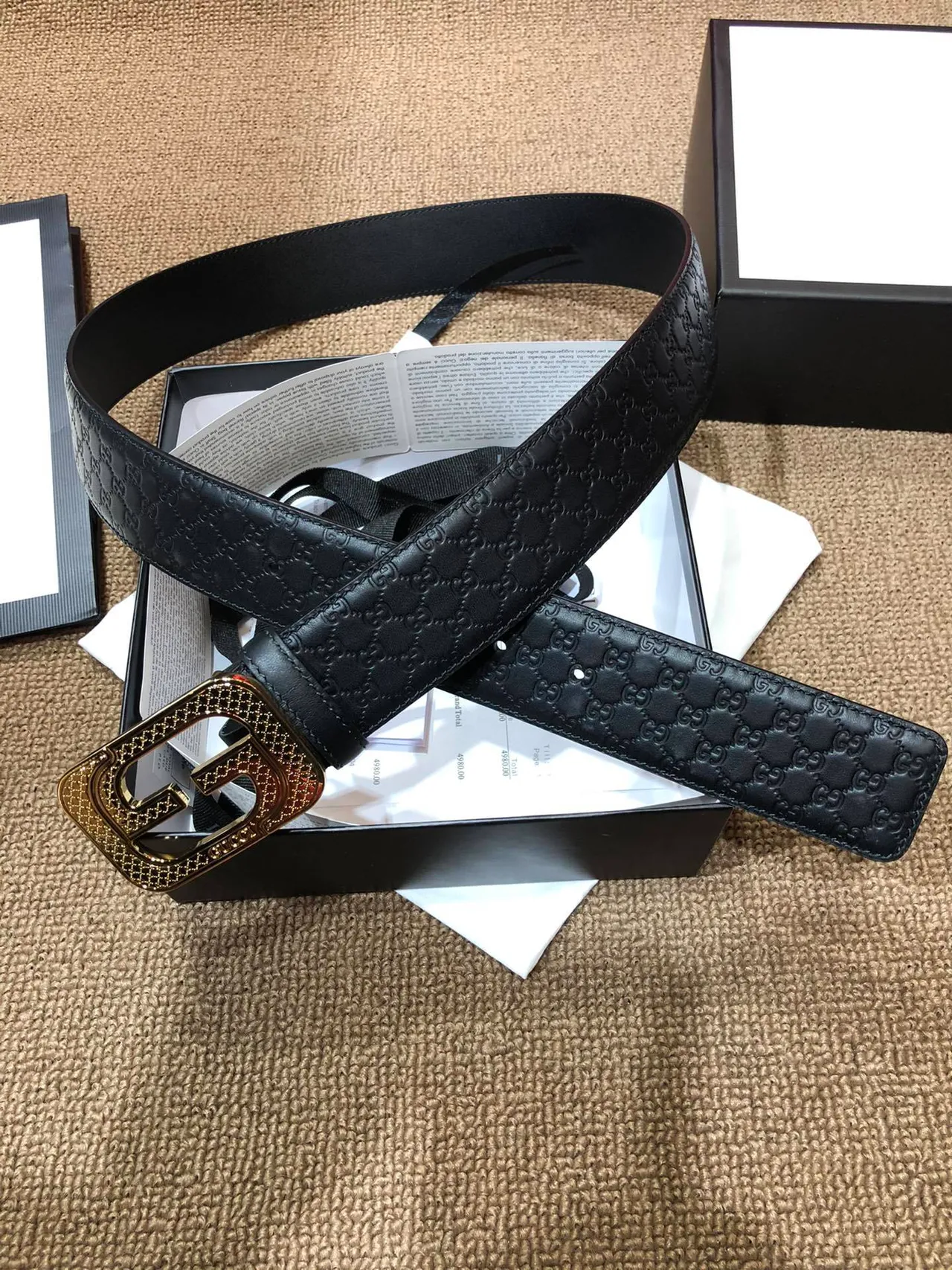 Gucci GG Marmont حزام جلدي أسود ذهبي مطبوع بمونوغرافي مع وترة مزدوجة G 6